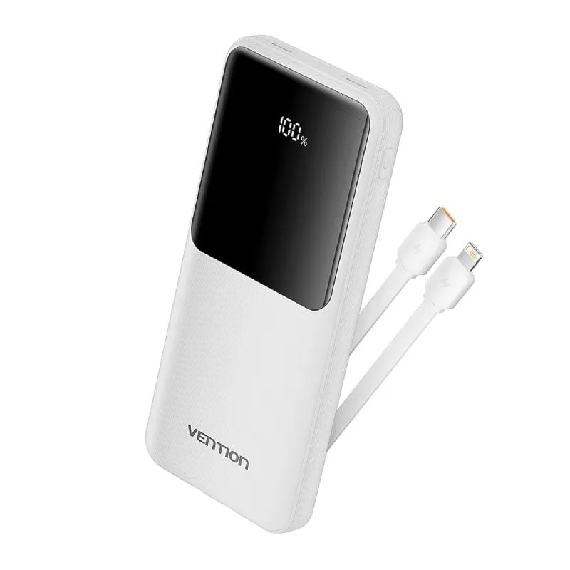 Powerbank 10000mAh Vention FHOW0/ 22.5W/ Blanca/ Incluye Cable USB Tipo-C y Lightning