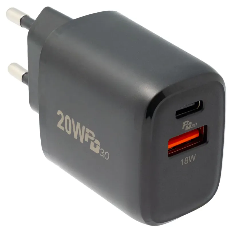 Cargador de pared con USB-C y USB-A 20W, Negro