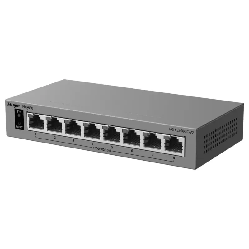 Reyee Switch - 8  x 10/100/1000 Mbps - Tolerancia a fallos por IA  -  Chasis metálico para escritorio - Protección hasta tensión de 6 kV