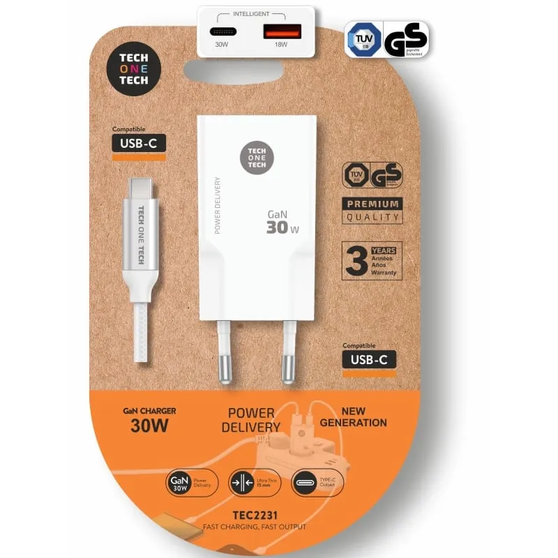 Cargador de Pared Tech One Tech TEC2231/ 1xUSB Tipo-C/ 1xUSB + Cable USB Tipo-C/ 30W/ Blanco
